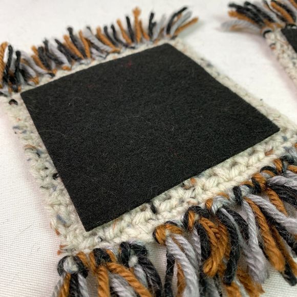 Mug Rugs Handmade Crochet Brown Gray Variegated Felt Backed Fringe 4 Coasters - Picture 6 of 11